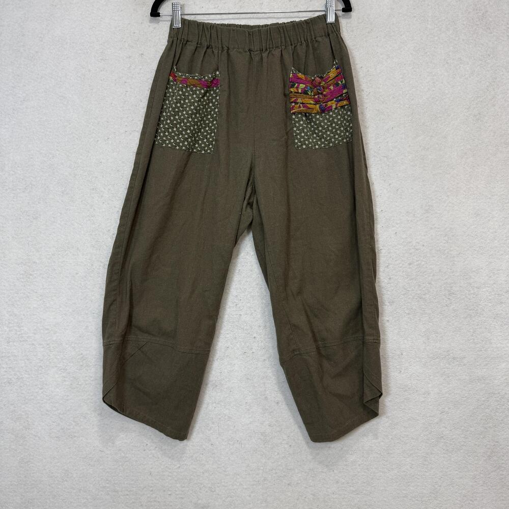 Minbee Pants Womens Medium Green Linen Cotton Cropped Wide Leg Elastic Waist